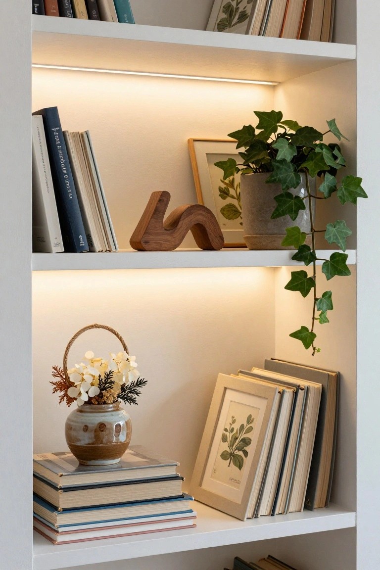 White open bookshelf with stacks of books in various colors, potted ivy plant, wooden wave sculpture, framed botanical prints, and a woven basket holding a ceramic vase of dried white hydrangeas and ferns, lit by under-shelf LED strips.