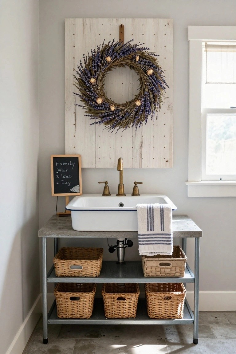 Bathroom corner with a white enamel sink on a gray metal shelf vanity holding wicker baskets, a dried lavender wreath with lights on a white shiplap wall above, a chalkboard sign, and striped towels draped nearby.