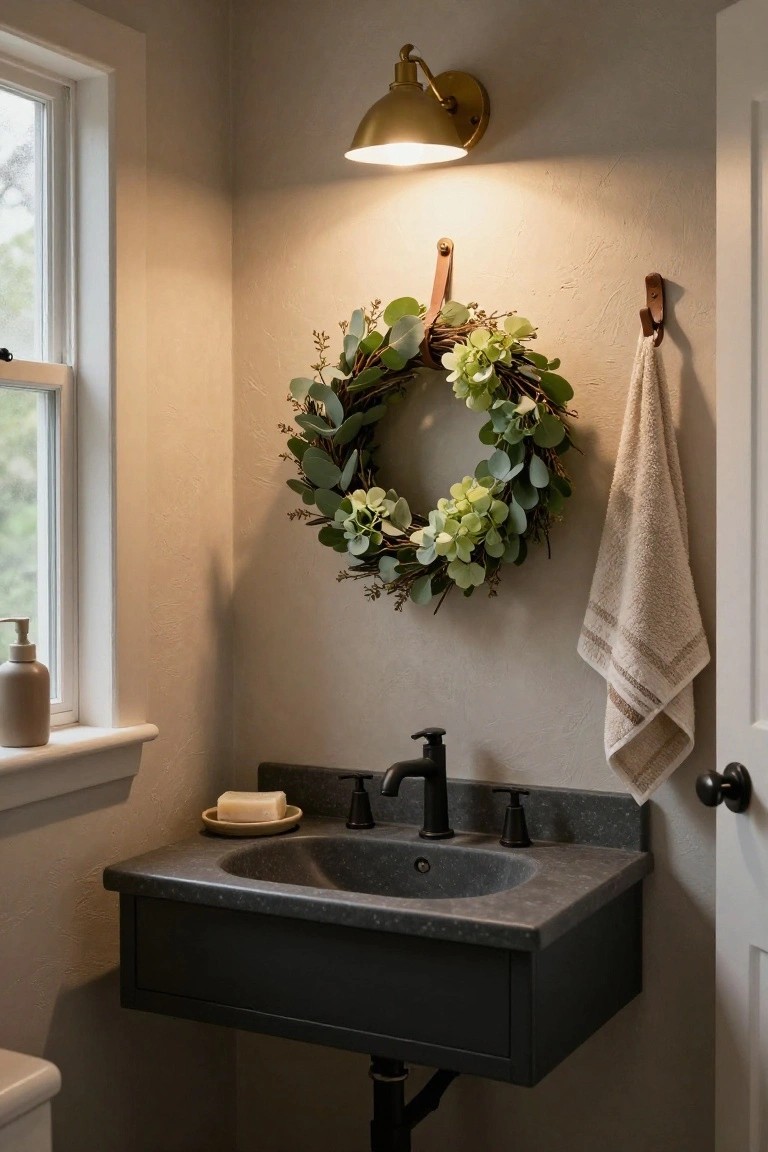 Bathroom with dark sink, eucalyptus wreath, brass sconce, and towel hooks.