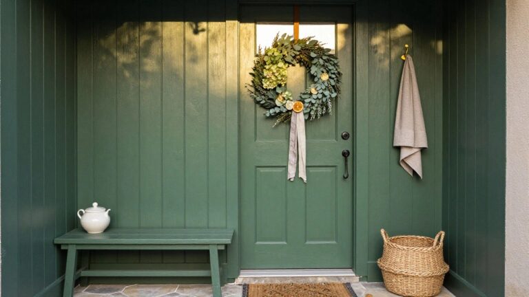 Deep green wooden front door with a wreath of eucalyptus, hydrangeas, dried oranges, and a beige bow, a beige towel hanging from a hook to the side, and a wooden bench below holding a white vase and wicker basket.