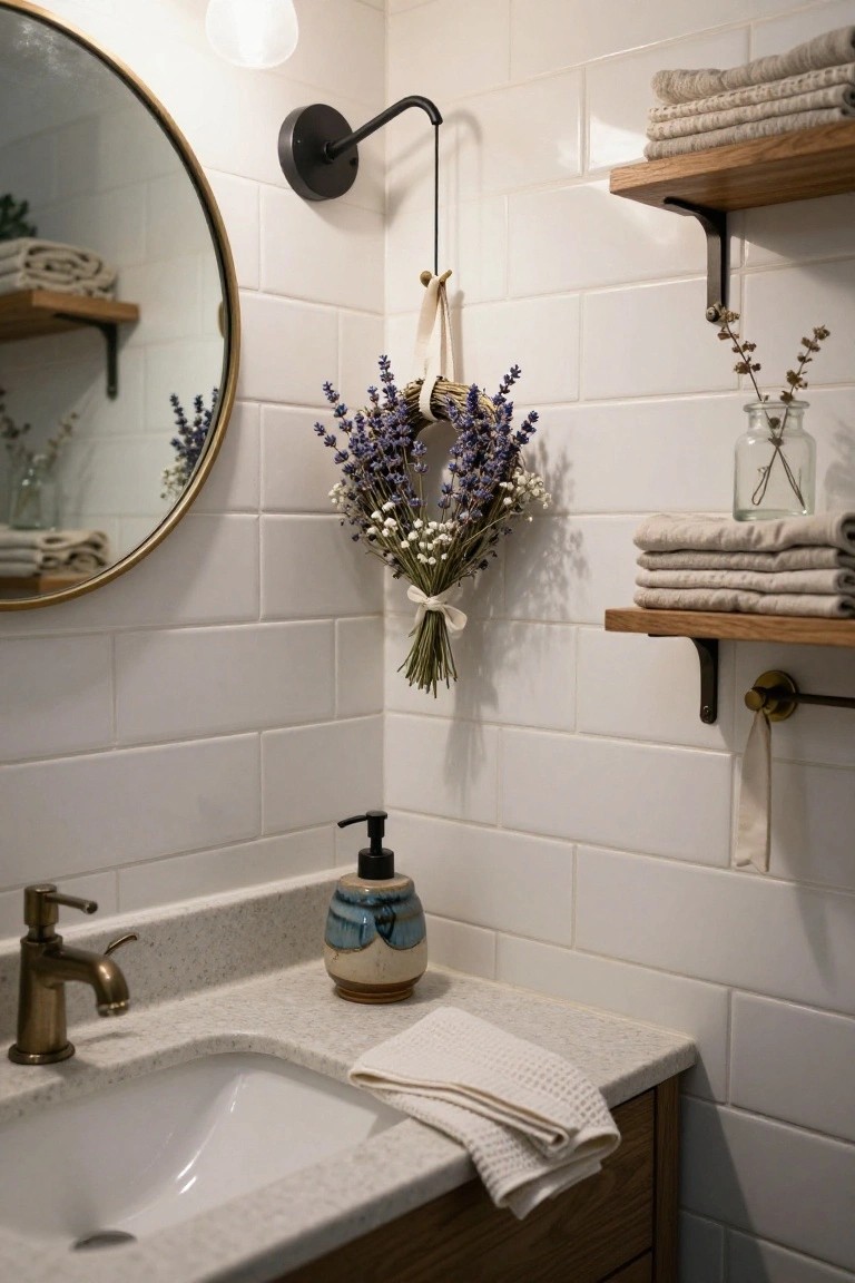 Close-up of a bathroom sink area with white subway tile walls, gold-framed round mirror, brass faucet, blue soap dispenser on quartz countertop, wooden shelves holding folded linens, and a bundle of dried lavender and white baby's breath flowers hanging on the wall.
