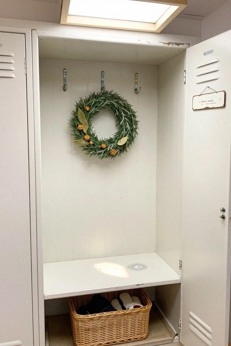 Open white metal locker with green rosemary wreath accented by dried oranges and bay leaves hanging from a hook inside, a small wooden sign on the door, wicker basket holding shoes and slippers on the bottom shelf.