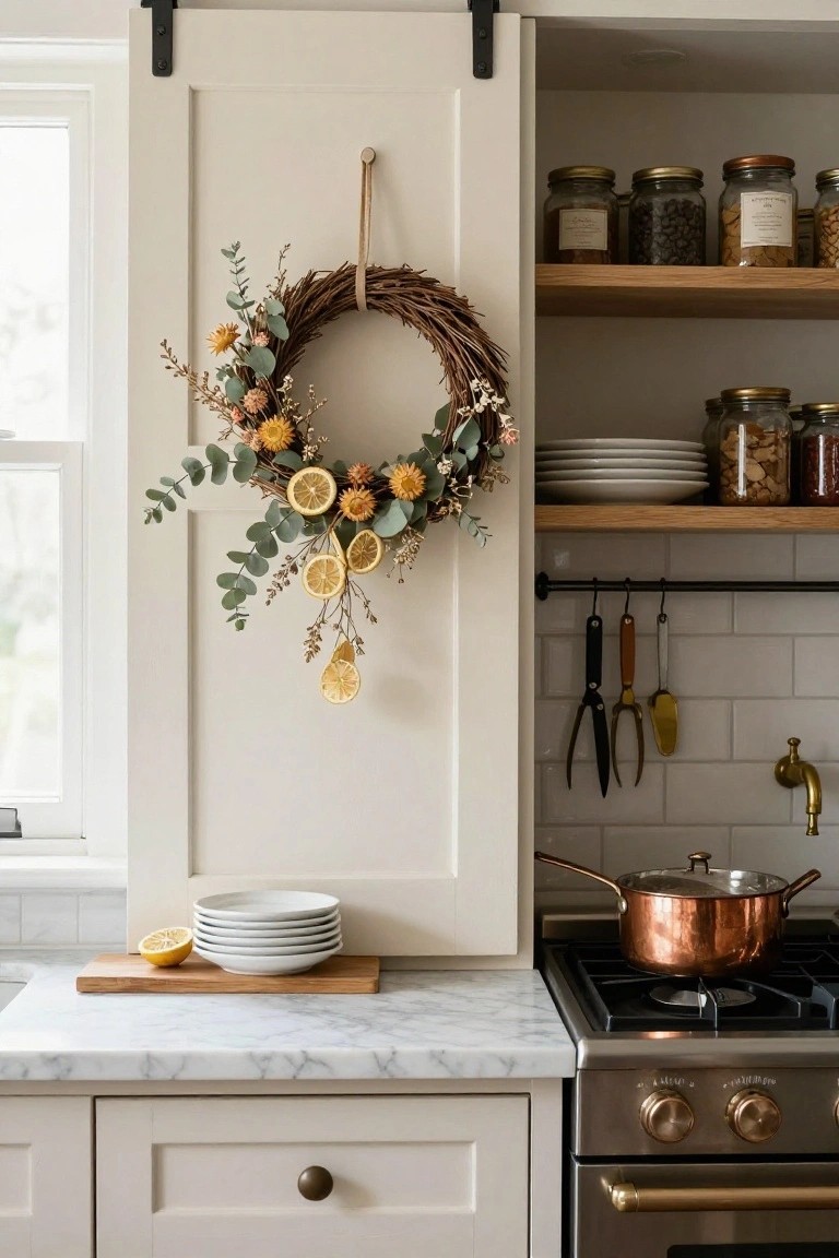 A wreath of dried eucalyptus, flowers, and lemon slices hangs from a leather strap on a white sliding cabinet door in a kitchen with marble counters, copper cookware on a gas stove, and open shelves holding jars above.