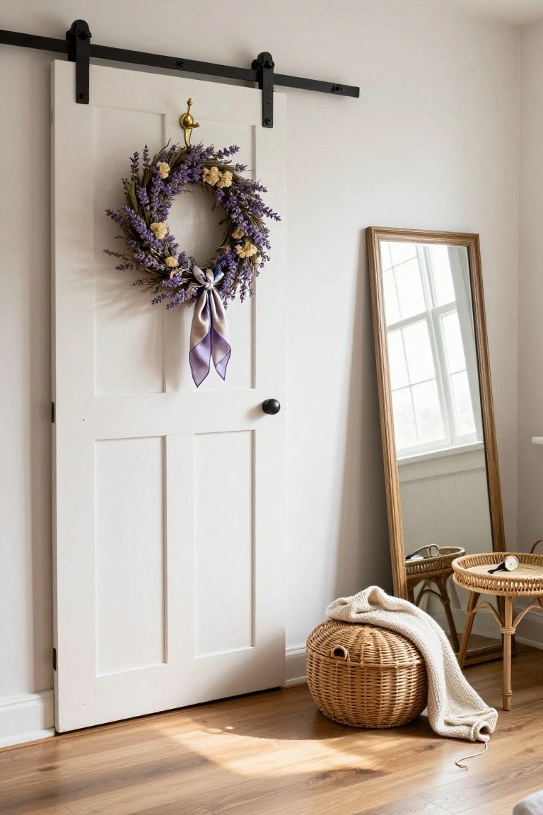 White paneled sliding barn door with black hardware and a circular wreath of dried lavender, pale flowers, and green accents tied with a purple satin ribbon, in a bright room next to a tall wood-framed mirror, rattan table, and woven basket holding a white blanket.