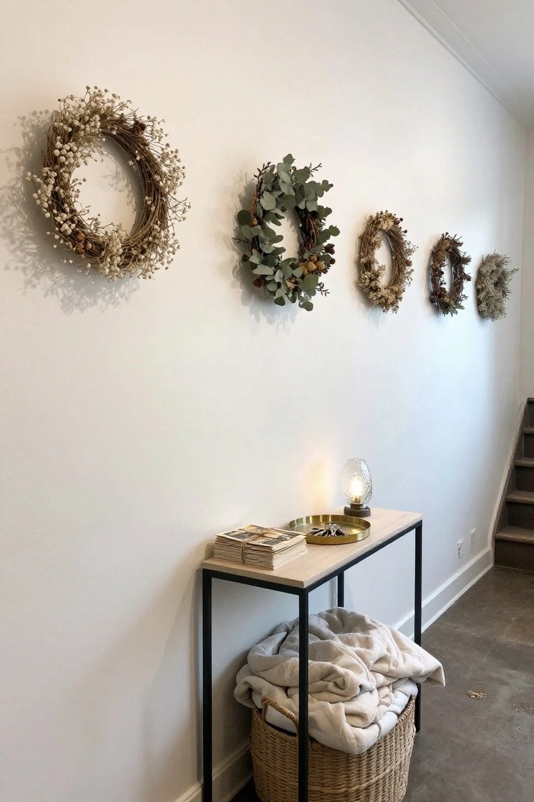 Five dried flower wreaths in styles including baby's breath clusters, eucalyptus leaves, pinecones, and seed heads hung evenly spaced in a row on a white hallway wall above a black metal console table with wood top, glass lamp, books, gold tray, and wicker basket of white blankets beside wooden stairs.
