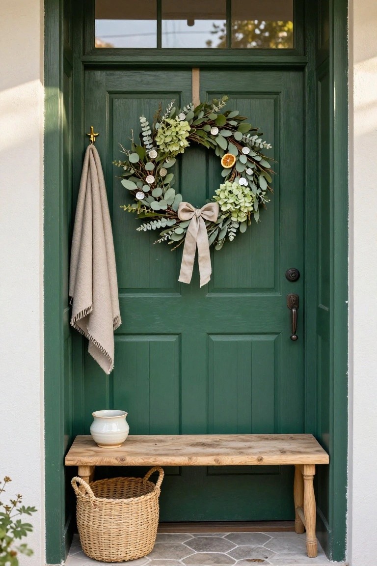 Deep green wooden front door with a wreath of eucalyptus, hydrangeas, dried oranges, and a beige bow, a beige towel hanging from a hook to the side, and a wooden bench below holding a white vase and wicker basket.
