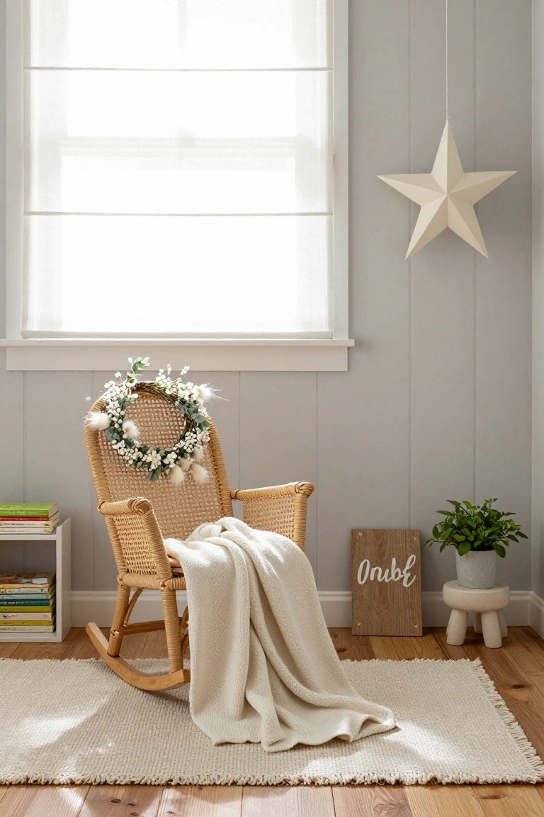 Wicker rocking chair with blanket and wreath near window and star decor.