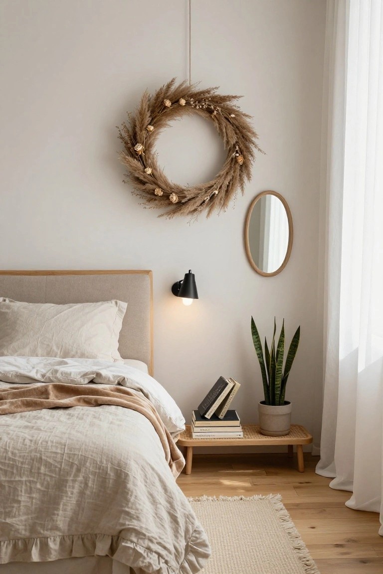 Bedroom corner with large wreath of pampas grass and dried roses on white wall above wooden bed frame with beige linens, black wall lamp lit, oval wood mirror, snake plant in pot, low wooden stool holding stacked books, sheer curtained window, and light wood floor with beige rug.