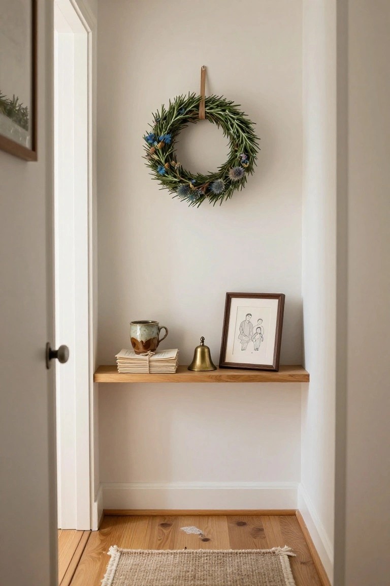 White interior hallway corner with open door, dried rosemary and thistle wreath hanging on wall above wooden shelf holding ceramic mug, tied papers, brass bell, and framed line drawing of family, wooden floor with jute rug.