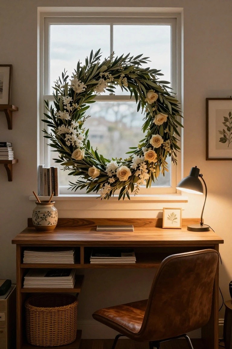 Cream and white dried flower wreath with olive branches and roses hanging on the interior side of a window above a wooden desk, with a leather chair, desk lamp, books, and shelves in a beige home office.