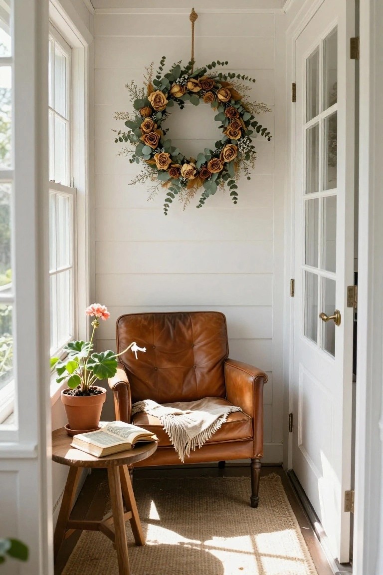 White shiplap-walled sunroom with large dried flower wreath of orange roses and eucalyptus hanging above tan leather armchair, wooden side table with open book and potted plant, seagrass rug, and glass-paned doors.
