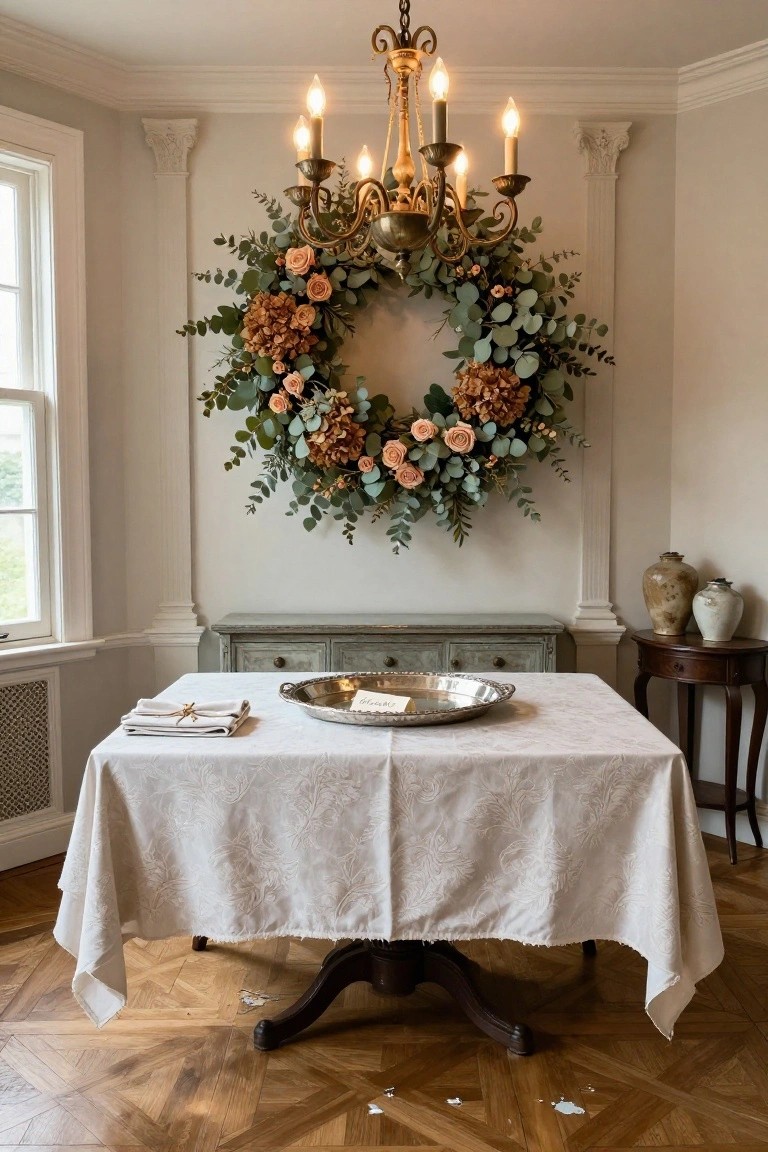 Elegant dining table with floral wreath and chandelier in classic room.