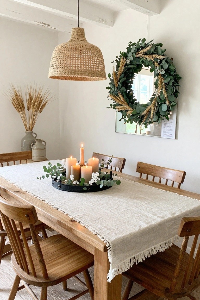 Dining room with wooden table on white runner holding black tray centerpiece of four lit beige pillar candles surrounded by eucalyptus leaves, white flowers, and stems, matching large eucalyptus and wheat wreath hung on rectangular wall mirror, rattan pendant lamp overhead, potted wheat stalks nearby, and wooden chairs.