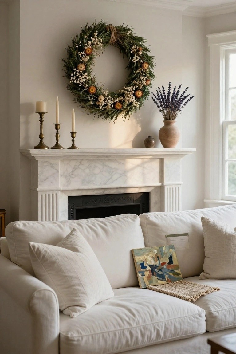 Living room with white sofa, marble fireplace mantel holding brass candlesticks and candles, large dried flower wreath on wall above mantel, lavender bouquet in terracotta vase on mantel, neutral walls and window.