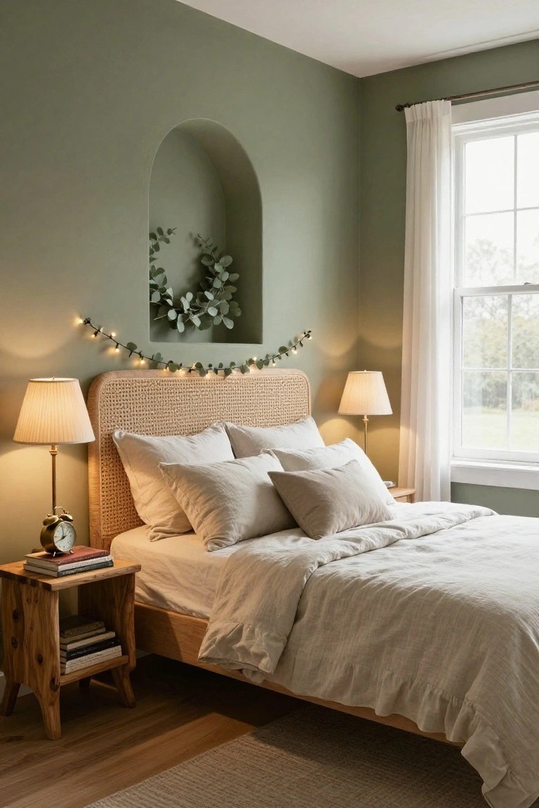 Sage green bedroom with arched wall niche above rattan headboard bed filled with white linens, eucalyptus garland and string lights in the niche, matching lamps on wooden nightstands with books and clock, sheer curtains on window overlooking yard, hardwood floor and rug.