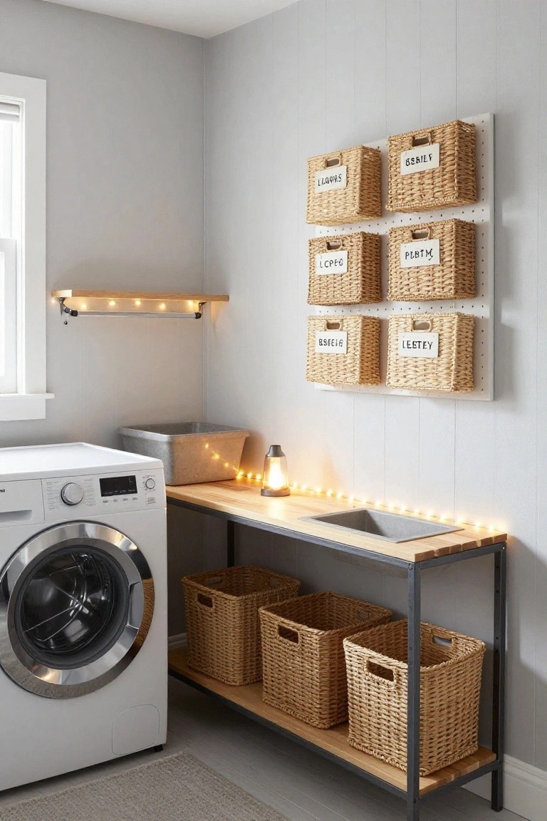 Gray laundry room with white front-loading washer, wooden countertop sink, black metal shelving unit holding wicker baskets, wall-mounted wicker baskets, string lights under shelves and along edges, and a galvanized tub nearby.