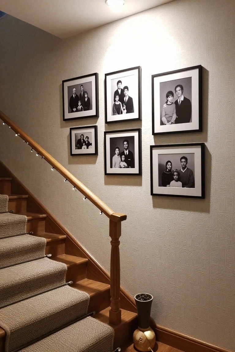 Wooden staircase with beige carpeted steps, small white LED lights along the railing, multiple black and white family photos in frames on the textured wall, and a decorative vase at the base.