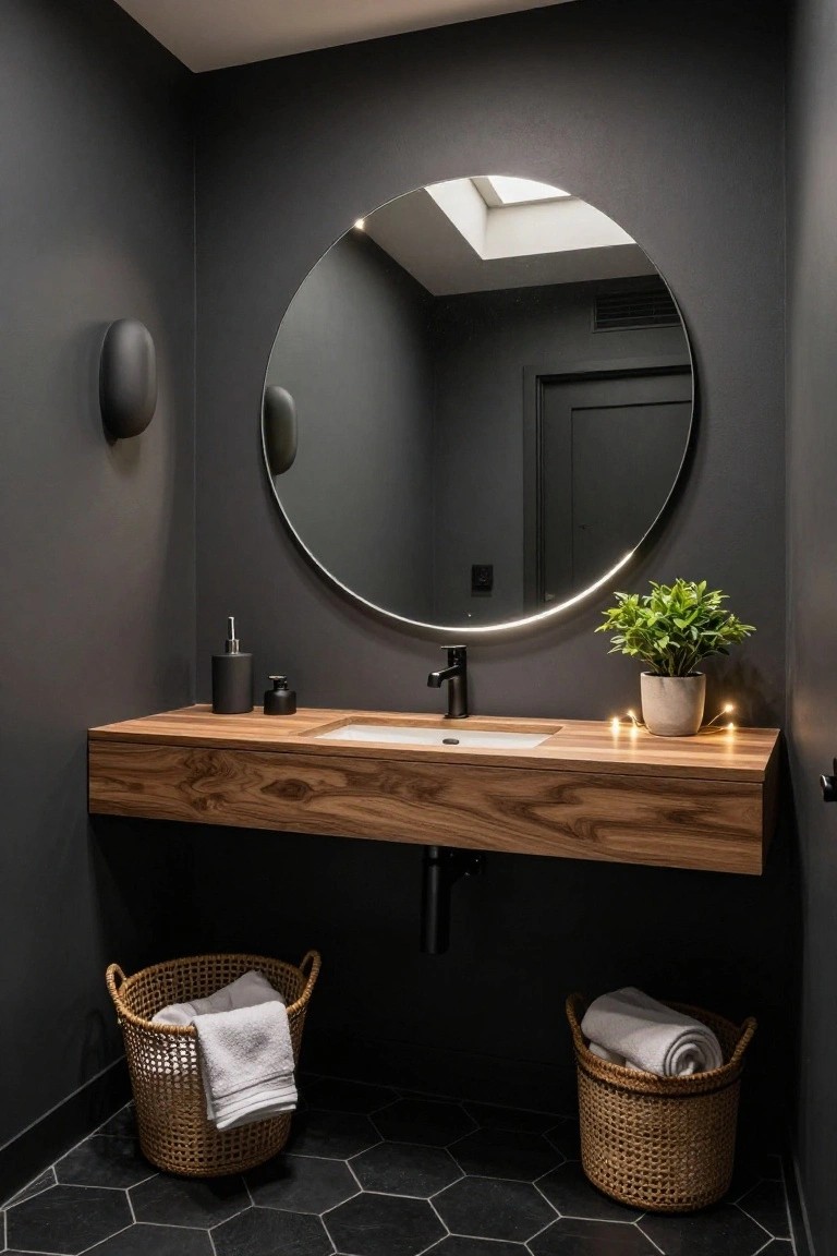 Dark gray bathroom with floating wooden vanity, round frameless mirror, black hexagonal floor tiles, black faucet, potted green plant with string lights on vanity, wicker baskets with towels on floor.