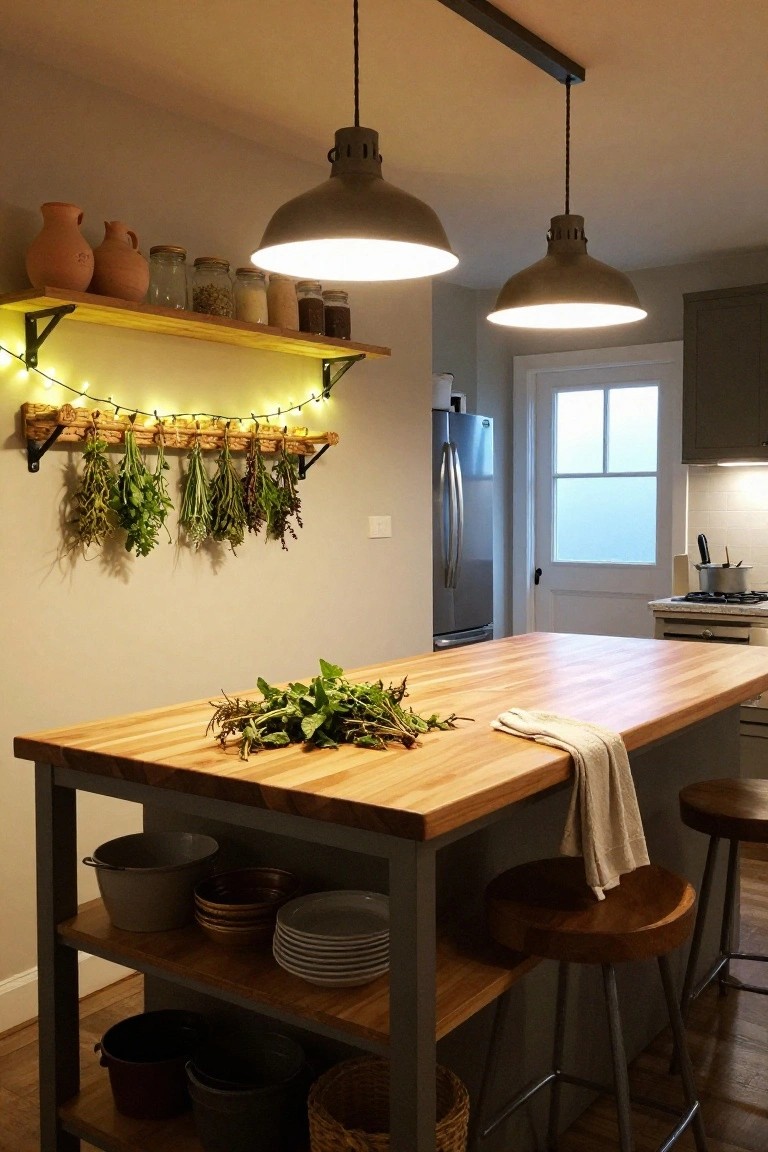 Christmas Lights on a Kitchen Herb Shelf