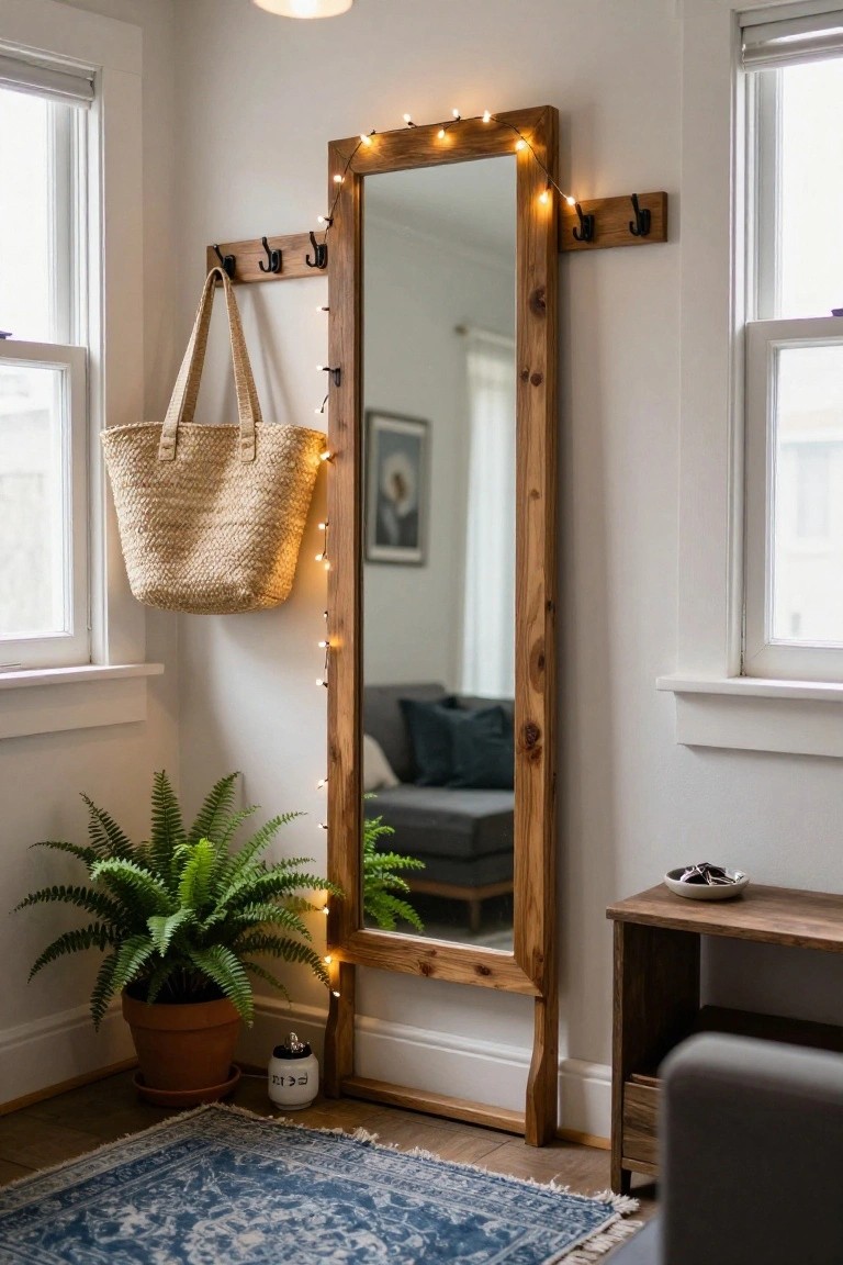 Tall wooden full-length mirror with white fairy lights wrapped around the frame and black hooks attached to a wooden shelf at the top holding a straw tote bag, next to a potted fern plant and small wooden table in a white-walled entryway corner with windows and a blue rug.