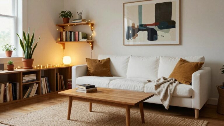 25 Everyday Home Decor Ideas Using Leftover Christmas Lights Cozy living room corner featuring a white sofa with beige pillows and throw, wooden coffee table holding a teacup and lit candle, tall snake plant, wooden shelves with books and potted plants outlined by small string lights, and abstract framed art on a white wall.