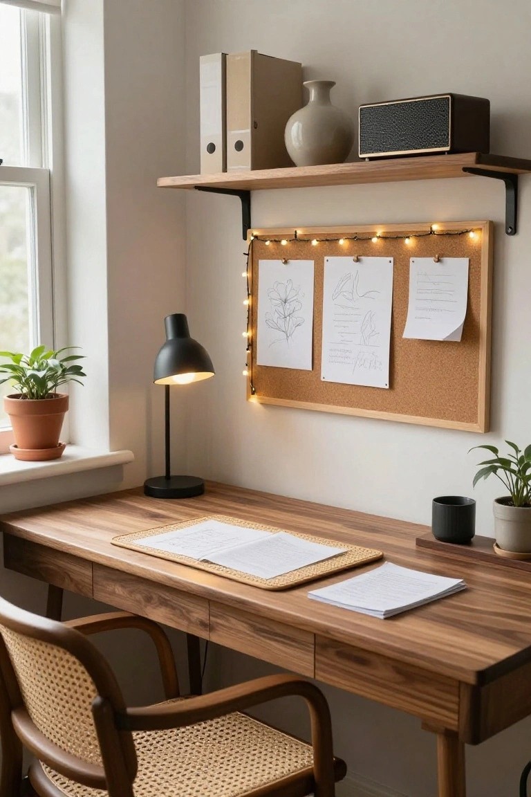 Home office corner with wooden desk and rattan chair, open notebooks on desk, black desk lamp, corkboard on wall framed by white string lights with pinned papers and drawings, floating shelves with books and vase, potted plants, and window with sheer blind.