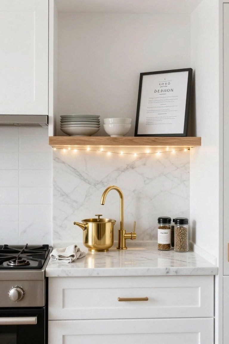 White kitchen with floating oak shelf holding stacked plates and bowls, underlit by string lights, gold kettle on marble countertop near brass faucet and spice jars, stainless steel cooktop below.