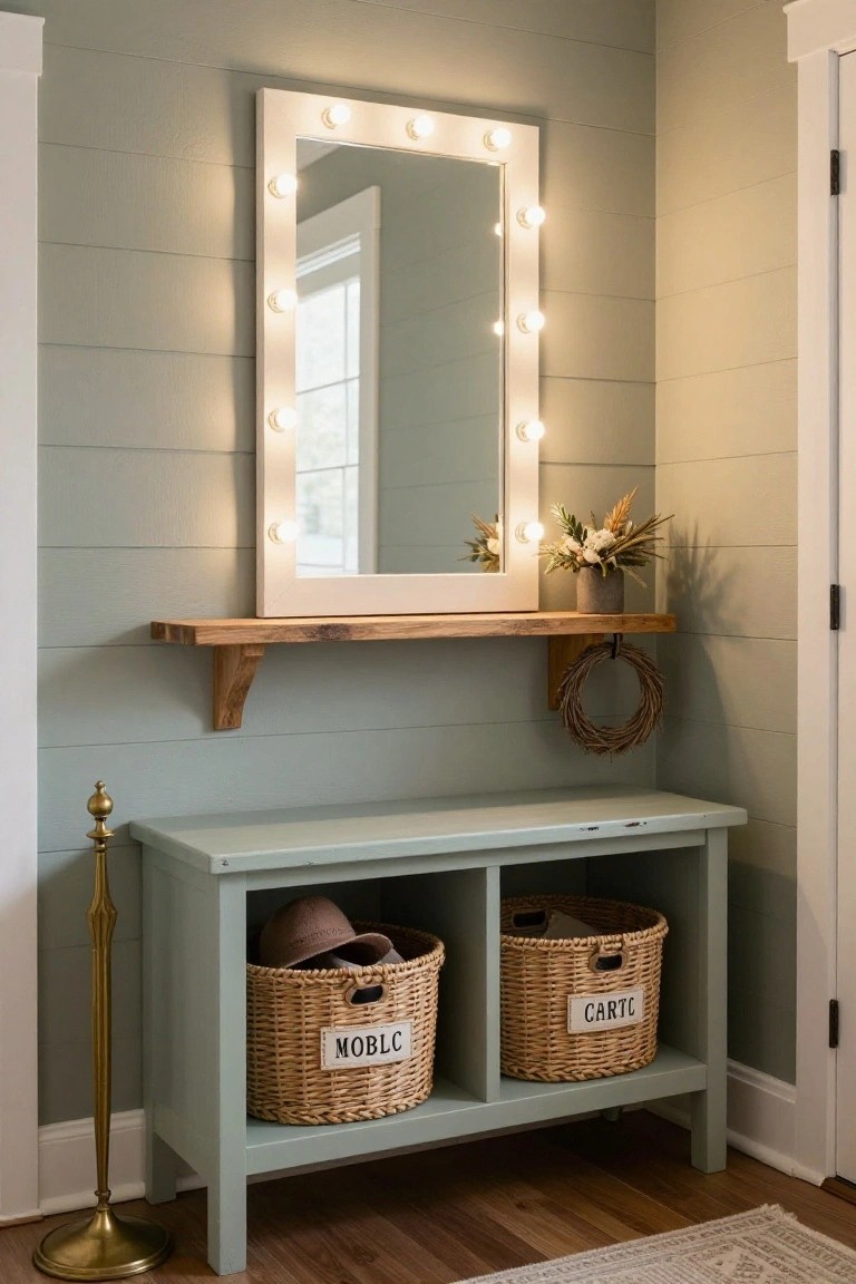 Corner of an interior room with shiplap walls in pale green, white-framed rectangular mirror surrounded by lit white bulbs, wooden shelf holding a vase of dried flowers and hanging wreath, mint green bench with two wicker baskets and hats, brass lamp stand, wood floor, and entry rug.