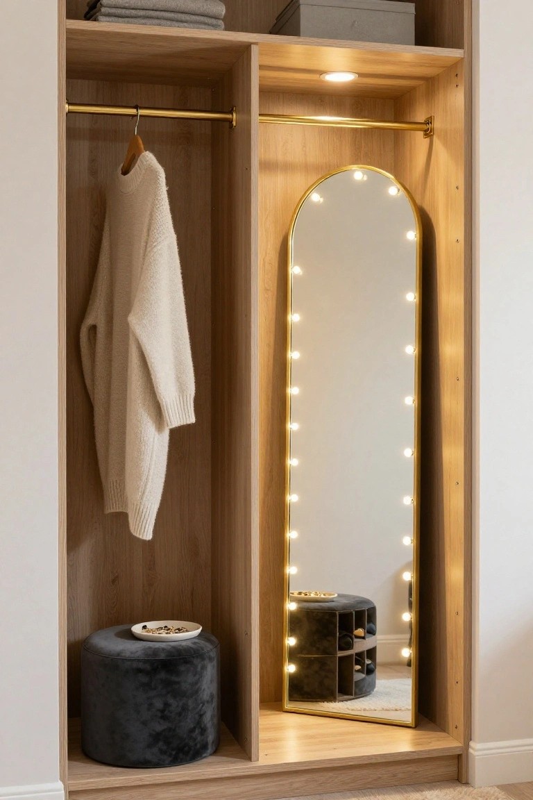 Wooden walk-in closet with gold-framed arched full-length mirror edged in small LED lights, hanging white sweater on gold rod, folded clothes and boxes on shelves, velvet pouf stool, jewelry dish, and shoe rack.