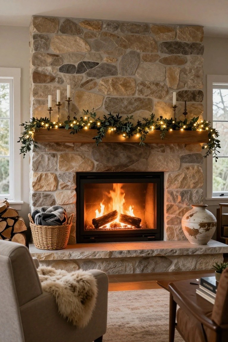 Stone fireplace with burning logs and wood mantel topped by green garland strung with small white Christmas lights and flanked by brass candelabras with candles, firewood basket on hearth, armchair with sheepskin throw, and side table nearby.