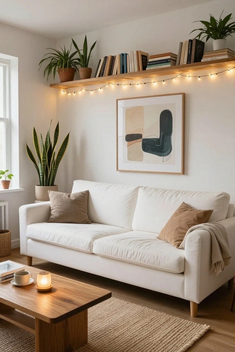 Cozy living room corner featuring a white sofa with beige pillows and throw, wooden coffee table holding a teacup and lit candle, tall snake plant, wooden shelves with books and potted plants outlined by small string lights, and abstract framed art on a white wall.