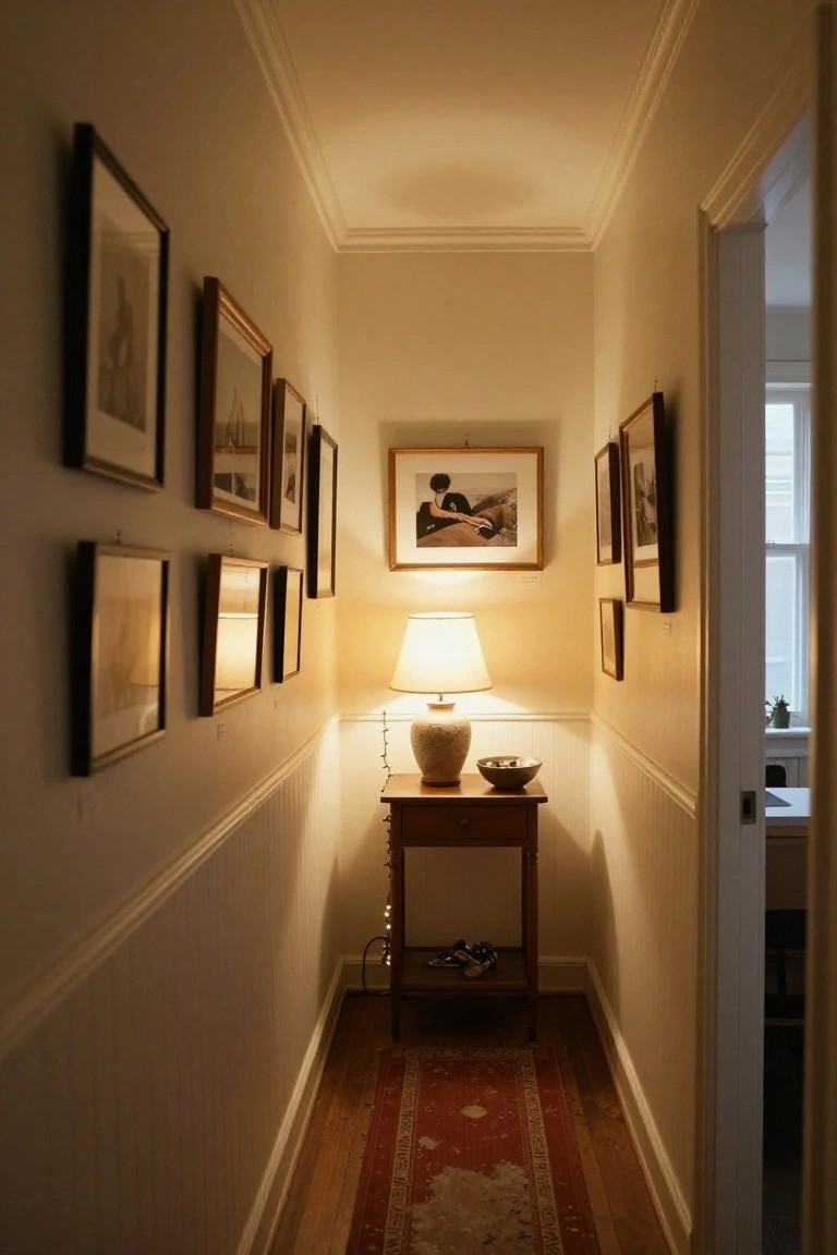 Narrow hallway with wainscoting and numerous framed black-and-white photos on walls, small wooden console table with ceramic lamp, bowls, shoes on shelf, and string lights wrapped around table leg.