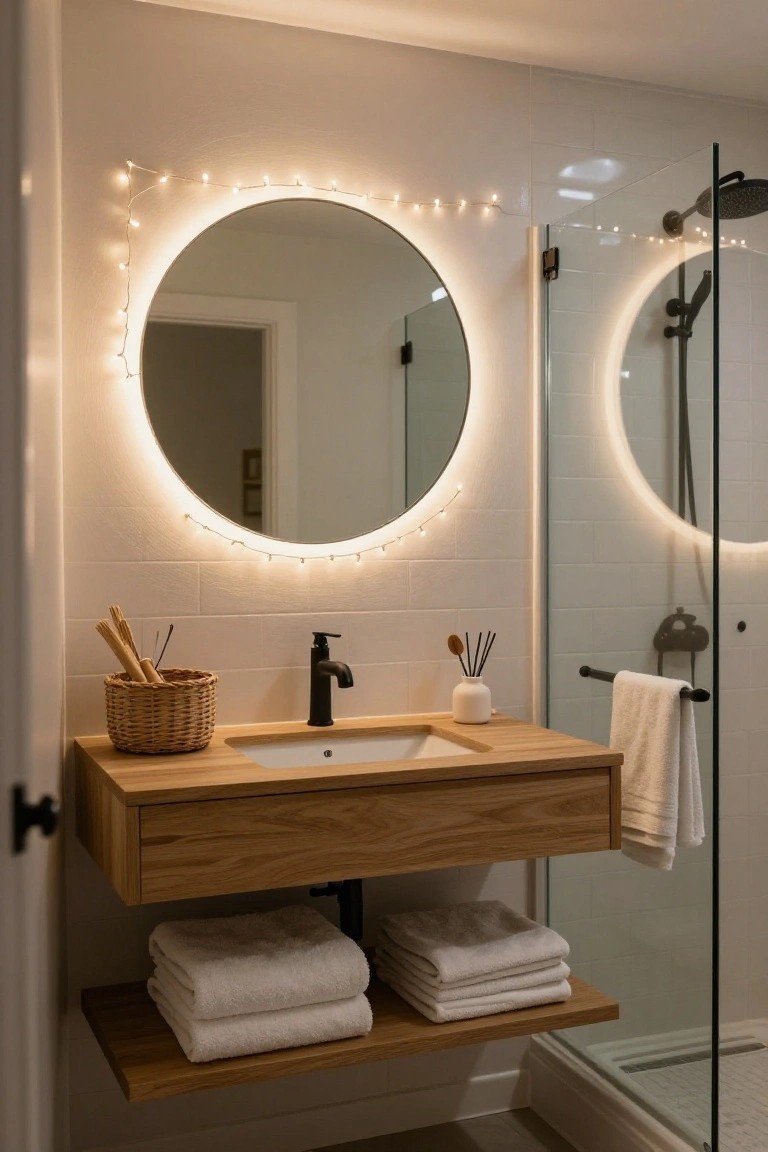 A modern bathroom with a round mirror outlined in warm white string lights above a floating wooden vanity sink, black faucet, woven basket, and glass shower enclosure.