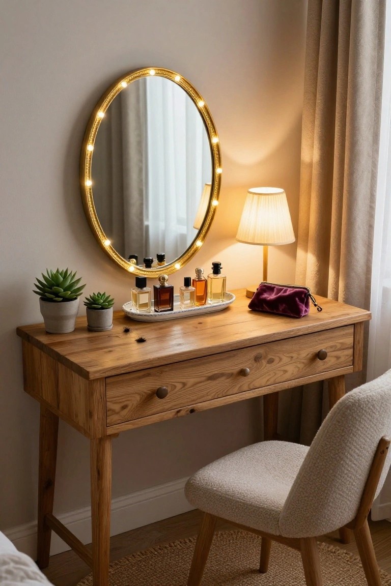 Wooden vanity table with oval mirror edged in small LED lights, perfume bottles on a tray, small potted succulents, purple pouch, lamp, chair, and beige curtains in a bedroom corner.