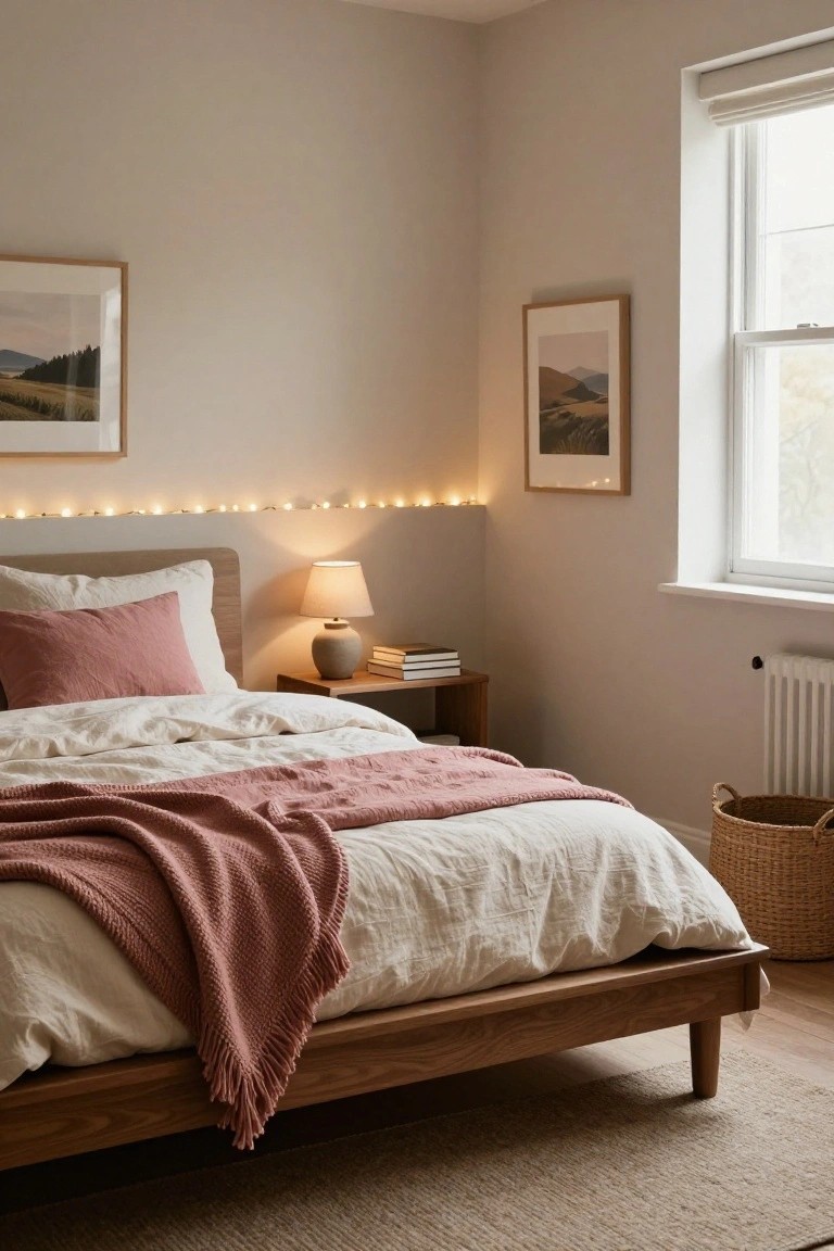 Cozy bedroom corner featuring a wooden platform bed with white sheets, pink pillows and throw blanket, bedside table with lamp and stacked books, string lights along the wall behind the bed, two framed landscape prints, a window with blinds, radiator, and woven basket on a light wood floor with beige rug.