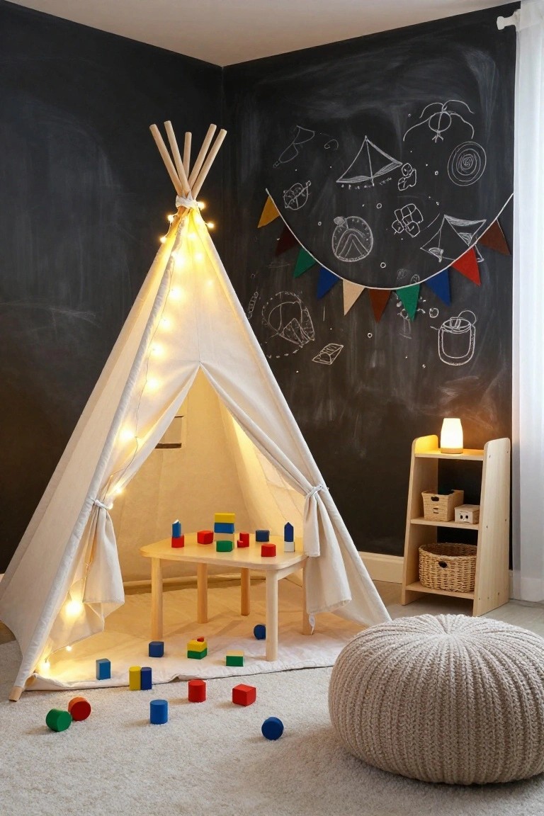 White canvas teepee tent with warm string lights inside, small wooden table and colorful blocks on the floor of the tent, blackboard wall with drawings in the background, wooden shelf, and cream knit pouf nearby in a children's room corner.