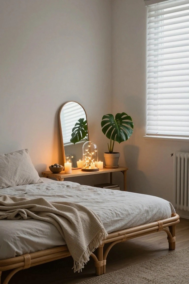 Bedroom corner with a rattan bed draped in beige linens and throw, wooden nightstand holding a pebble bowl, lit pillar candles, fairy lights inside a glass dome, potted monstera plant, arched wooden mirror reflecting the plant, white blinds on window, and seagrass rug on floor.