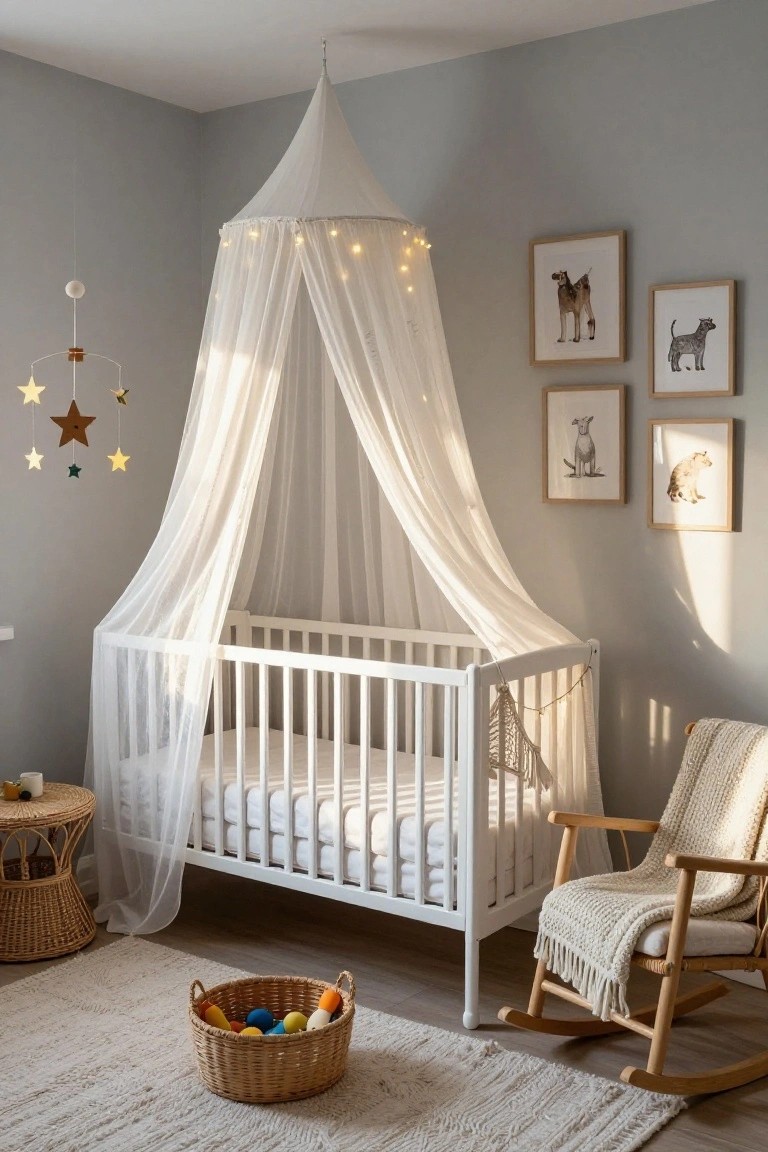A white crib under a sheer conical canopy strung with white fairy lights in a light gray nursery room with a rocking chair, animal prints on walls, a star mobile, and a basket of toys on the floor.