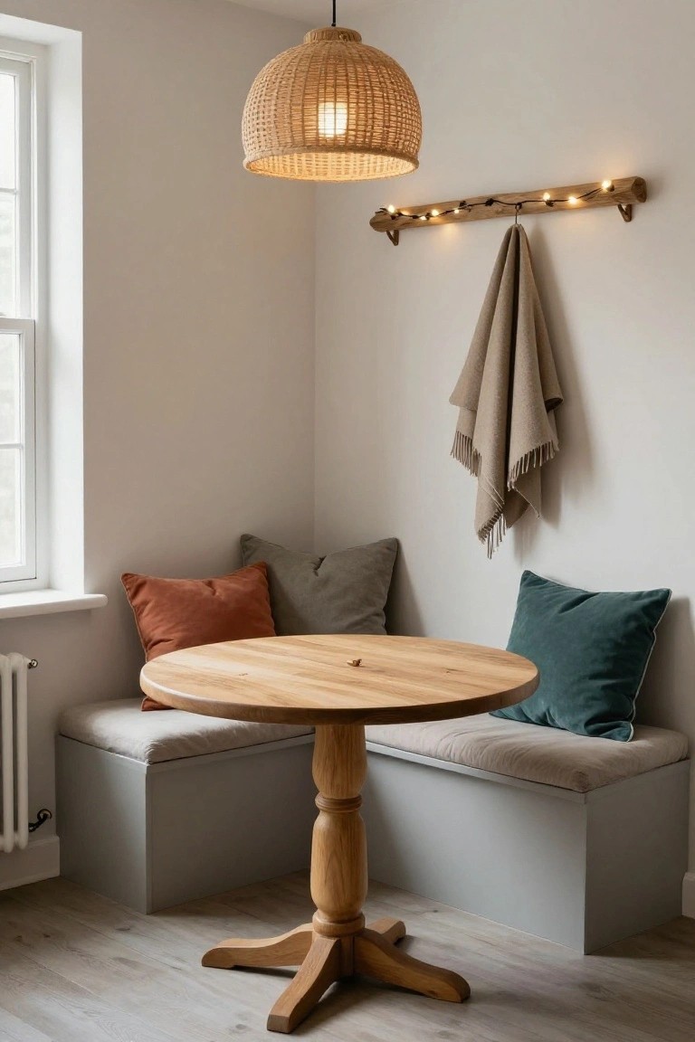 Cozy indoor corner with round oak pedestal table, built-in gray benches topped with beige cushions and colorful pillows, wooden wall rail strung with white fairy lights and beige towel hanging from hooks, rattan pendant lamp overhead, near window and radiator on light gray walls.
