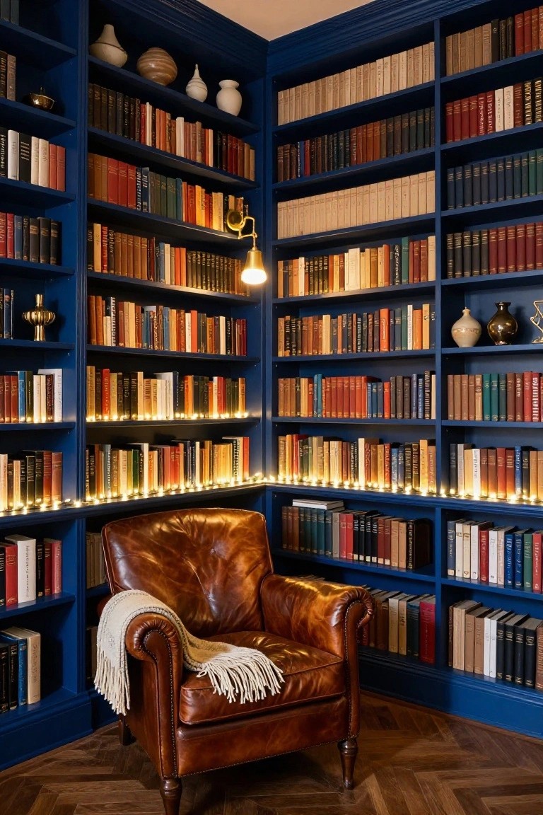 Corner library room with tall dark blue built-in bookshelves filled with books, a tan leather armchair with cream throw, string lights along lower shelves, wall lamp, vases, and wood floor.