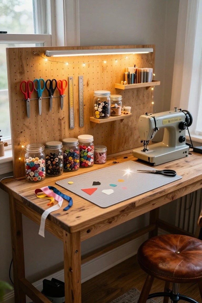 Wooden craft desk with sewing machine, cutting mat, colorful jars of buttons and beads on shelves, pegboard wall with string lights, scissors, rulers, and ribbon nearby.