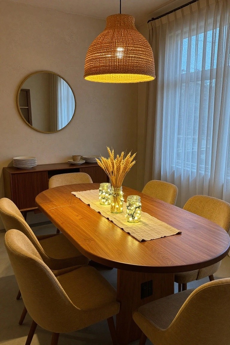 Oval wooden dining table with upholstered chairs, centered by mason jars containing fairy lights on a burlap runner flanked by wheat bundles in jars, in a room with beige walls, rattan pendant light, round mirror, and sideboard.
