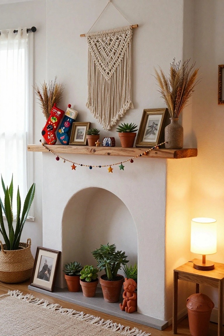 White arched fireplace mantel with wooden beam holding colorful embroidered Christmas stockings, pampas grass, macrame wall hanging, small frames, plants, and pots inside the hearth opening.