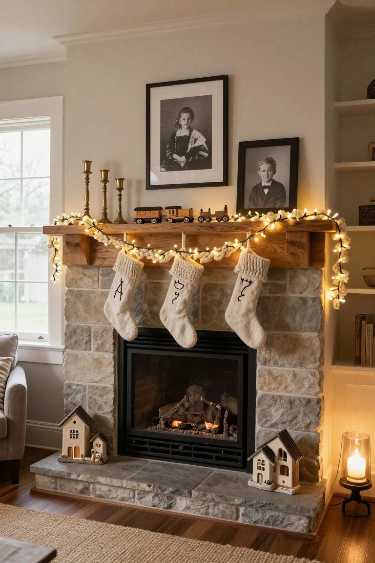 Stone fireplace with wooden mantel holding white chunky knit Christmas stockings labeled A, M, Y, white garland with fairy lights, brass candlesticks, model train, small houses, and black-and-white family photos on walls.