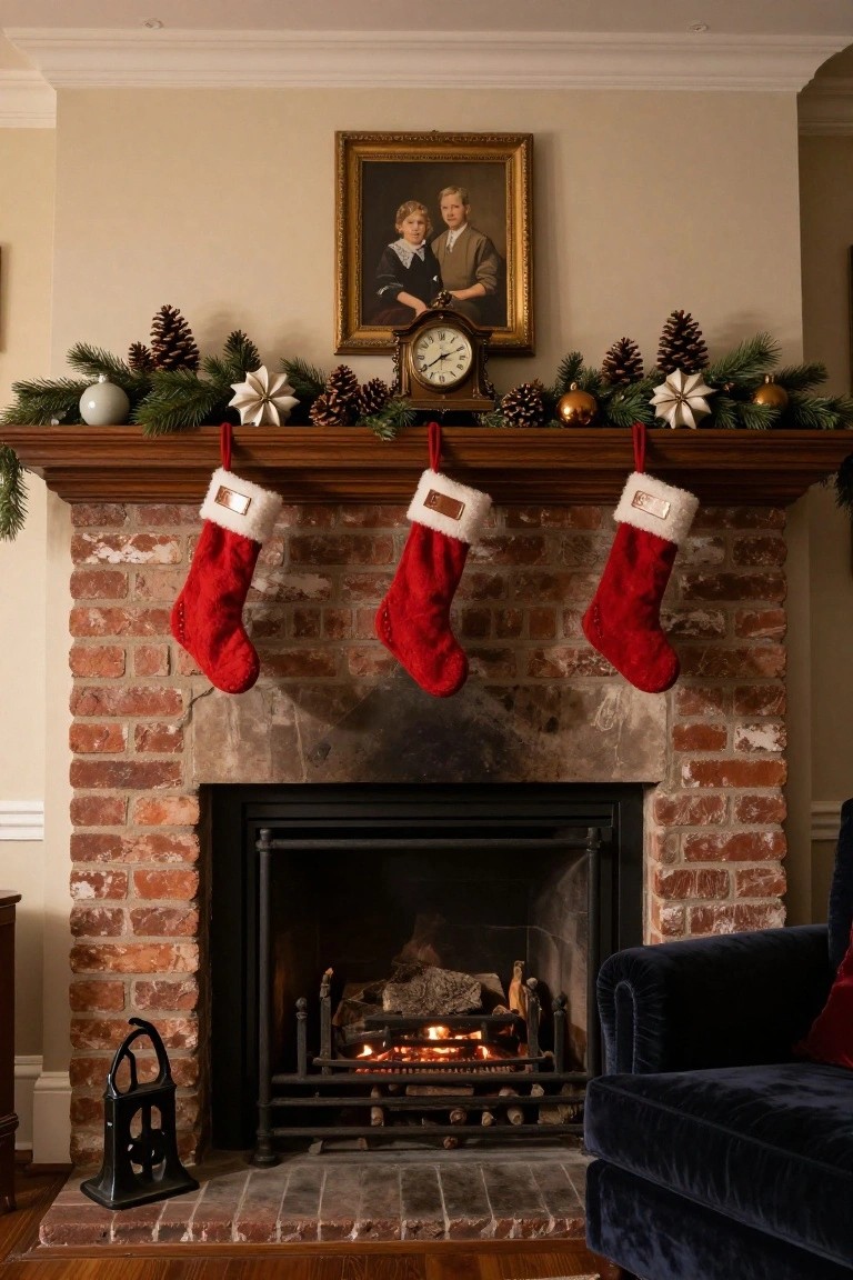 Brick fireplace mantel decorated for Christmas with three red plush stockings hanging from wooden beam, gold-framed portrait of two boys in vintage clothing centered above, pine garland with pinecones and ornaments along the top, lit fire in hearth, black fireguard and blue velvet armchair to the side.
