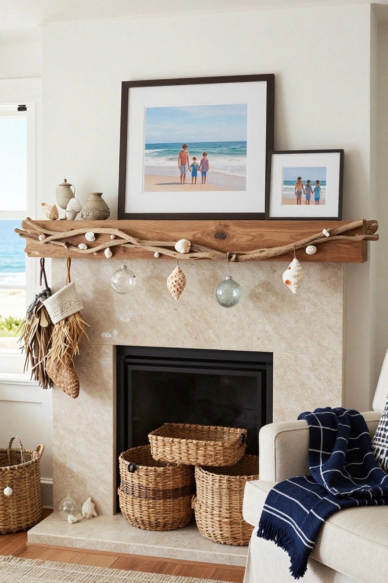 Beige stone fireplace mantel with driftwood garland strung with seashells and glass ornaments, beach-themed stockings hanging down, stacked seagrass baskets in front, two framed family beach photos above, in a white room with ocean view through windows.