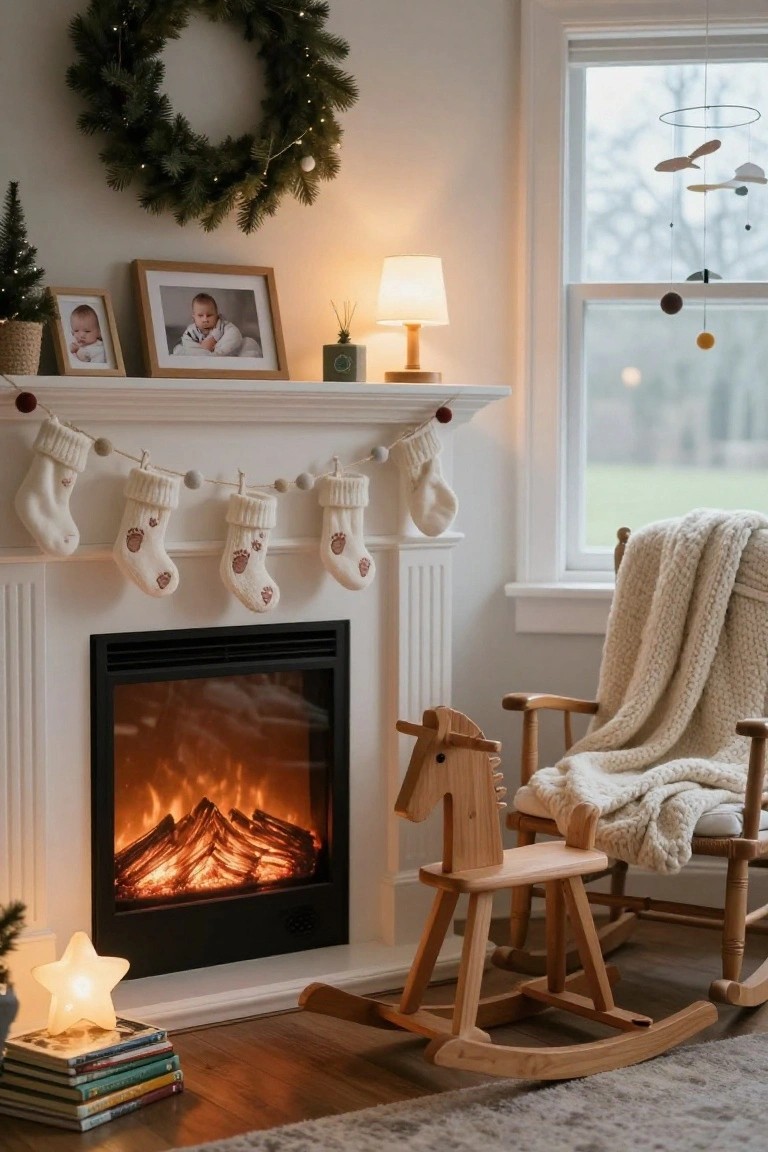 Cozy indoor fireplace mantel decorated for Christmas with four white knit stockings featuring embroidered paw prints hung on twine garland, flanked by framed photos of babies, greenery wreath above, and lit electric fire below in a room with rocking horse and chair.