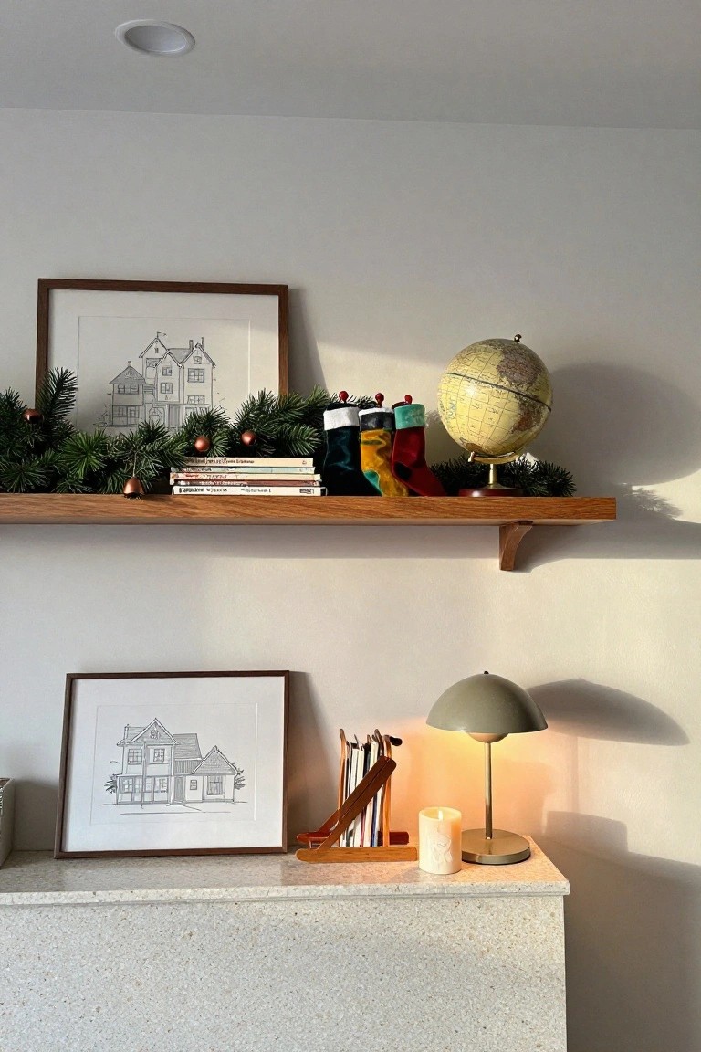 Wooden floating shelf above a white quartz countertop, decorated with evergreen garland, multicolored Christmas stockings, books, a globe, and framed line drawings of houses, with a green lamp, pen holder, and candle on the counter.