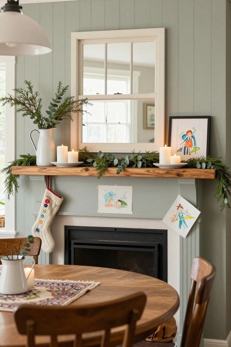 Cozy interior with sage green paneled walls, a wooden mantel decorated with evergreen garland, white candles, a colorful knit stocking, and children's crayon drawings taped nearby, beside a fireplace and round wooden dining table with chairs.