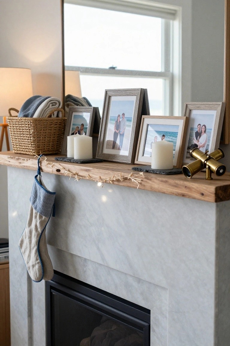 A rustic wooden mantel above a marble fireplace decorated with multiple angled frames of family beach photos, white pillar candles on slate trays, a blue and white Christmas stocking hanging from the edge, fairy lights, dried twigs, a brass nautical telescope, and a woven basket nearby.